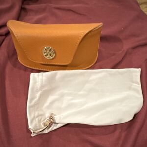 Tory Burch Brown Leather Semi-Hard Sunglasses Case & White Cloth Pouch
